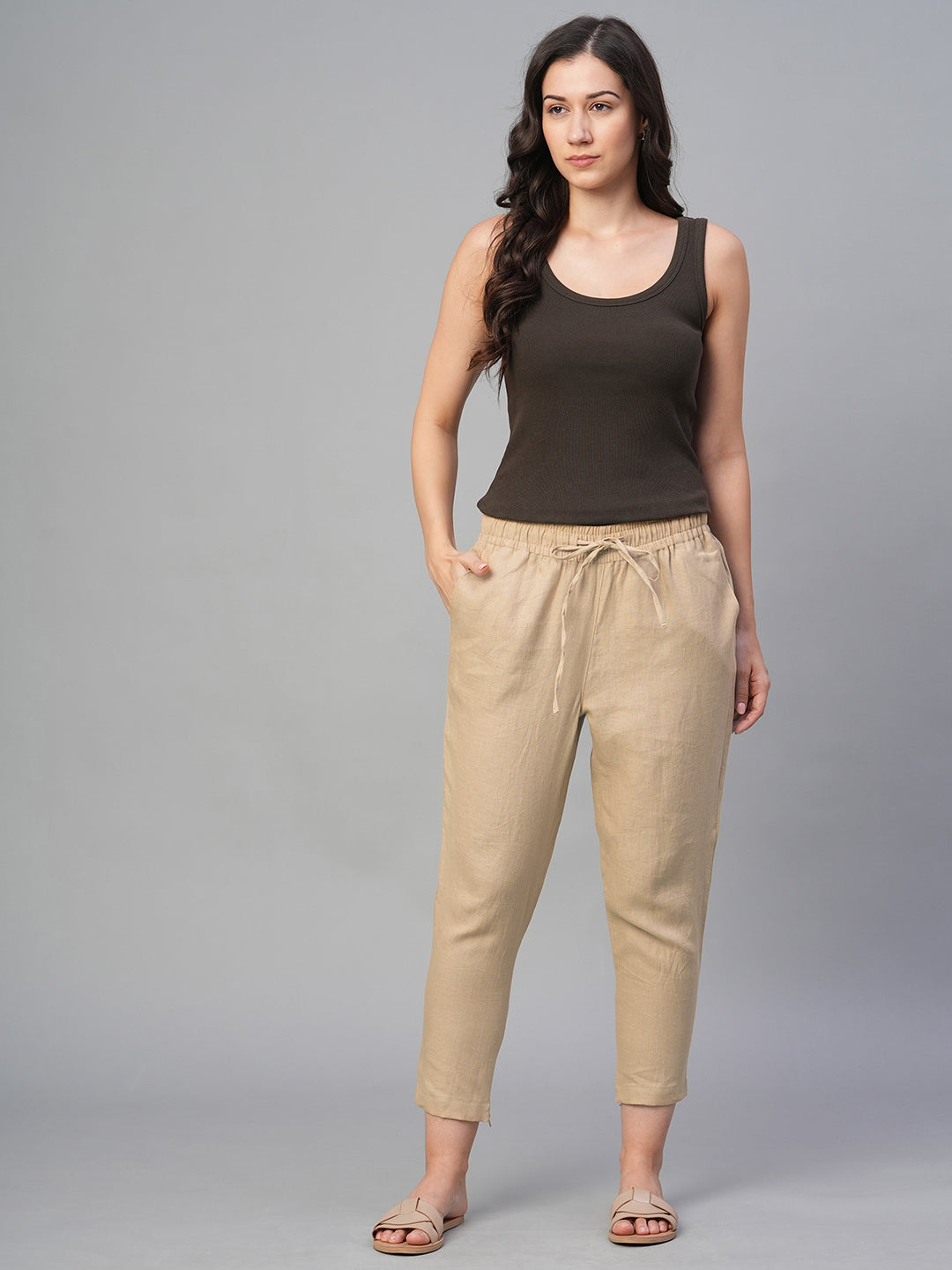 Women's Khaki 100% Linen Slim Fit Pant