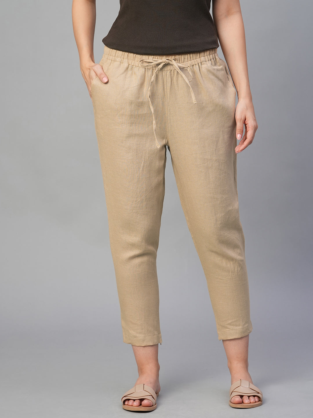 Women's Khaki 100% Linen Slim Fit Pant