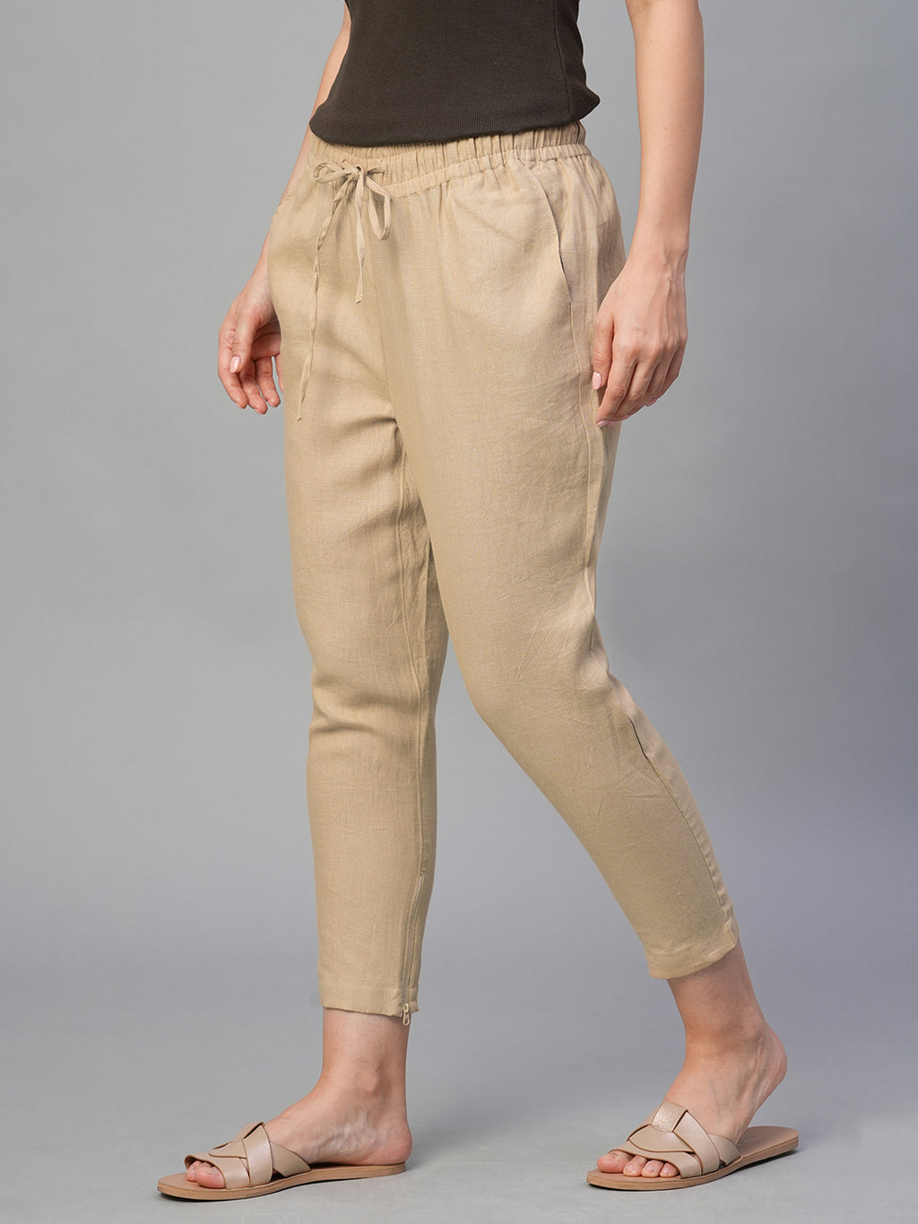 Women's Khaki 100% Linen Slim Fit Pant