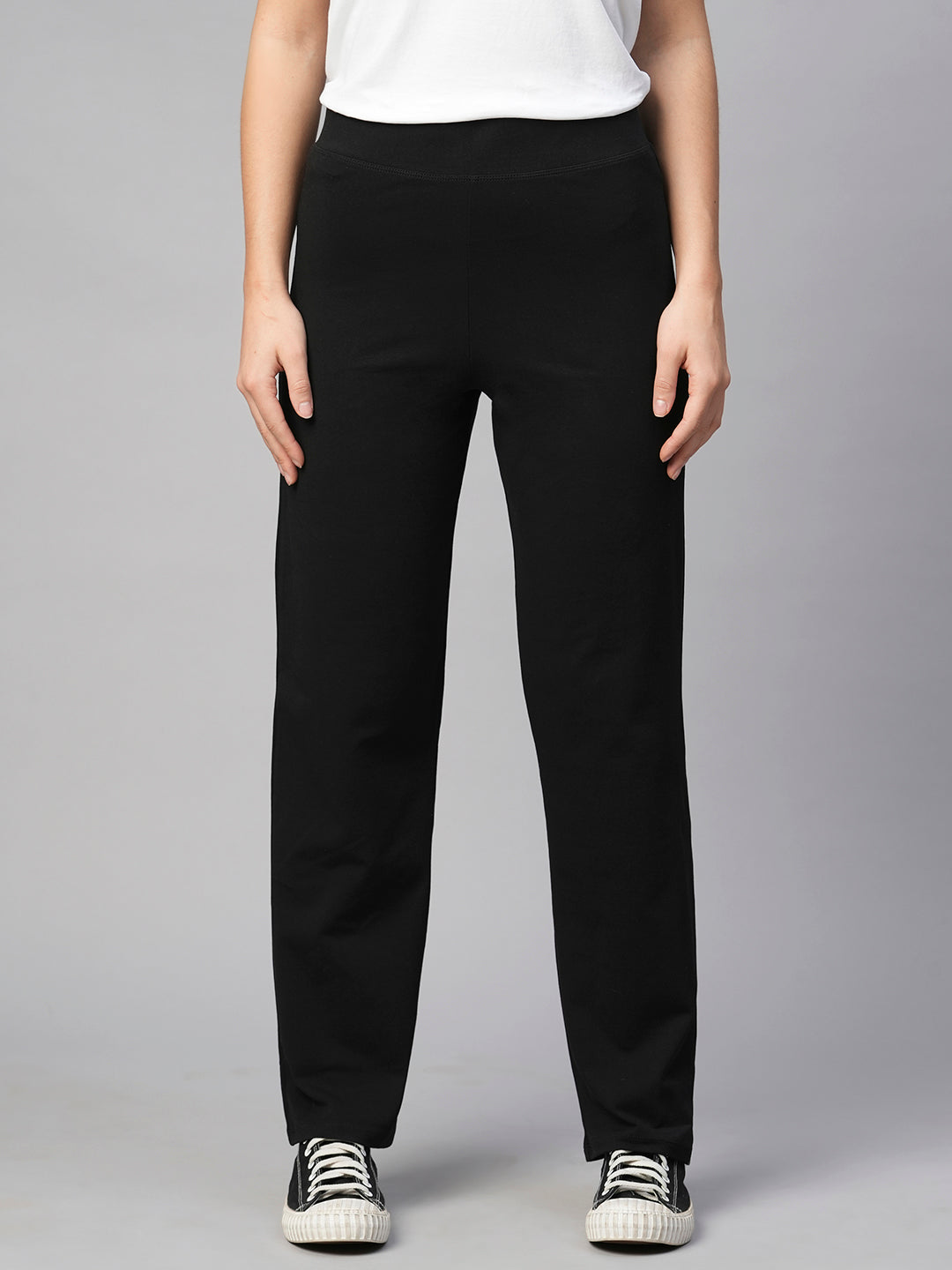 Women's Black Cotton Elastane Regular Fit Pant