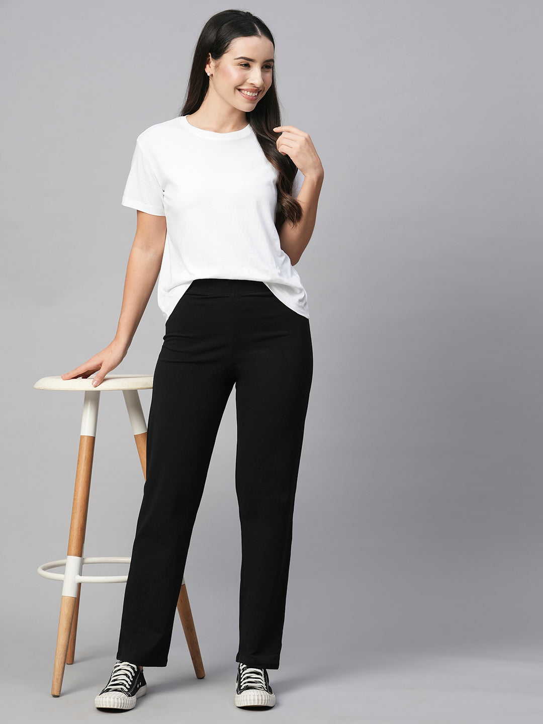 Women's Black Cotton Elastane Regular Fit Pant