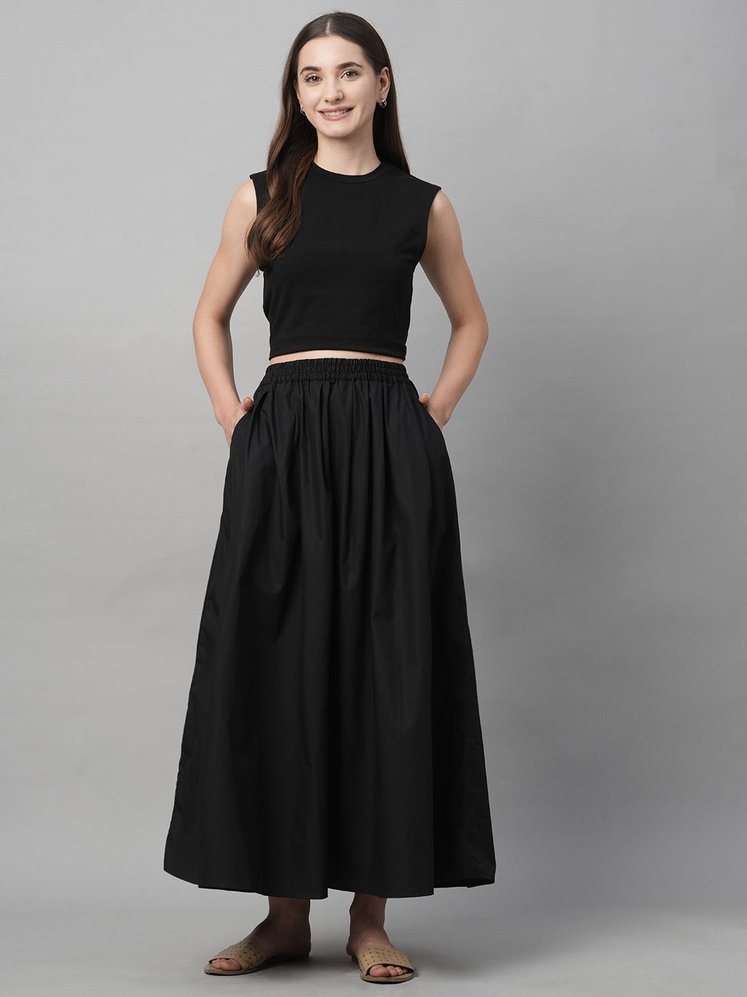 Women's Black Cotton Regular Fit Skirt