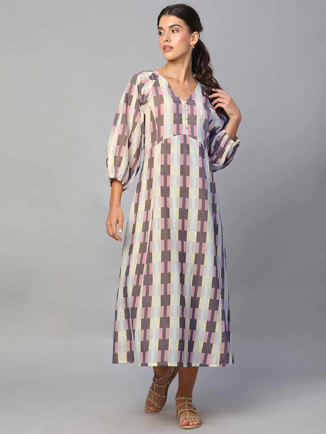 Women's Pink Cotton Flax Regular Fit Dress