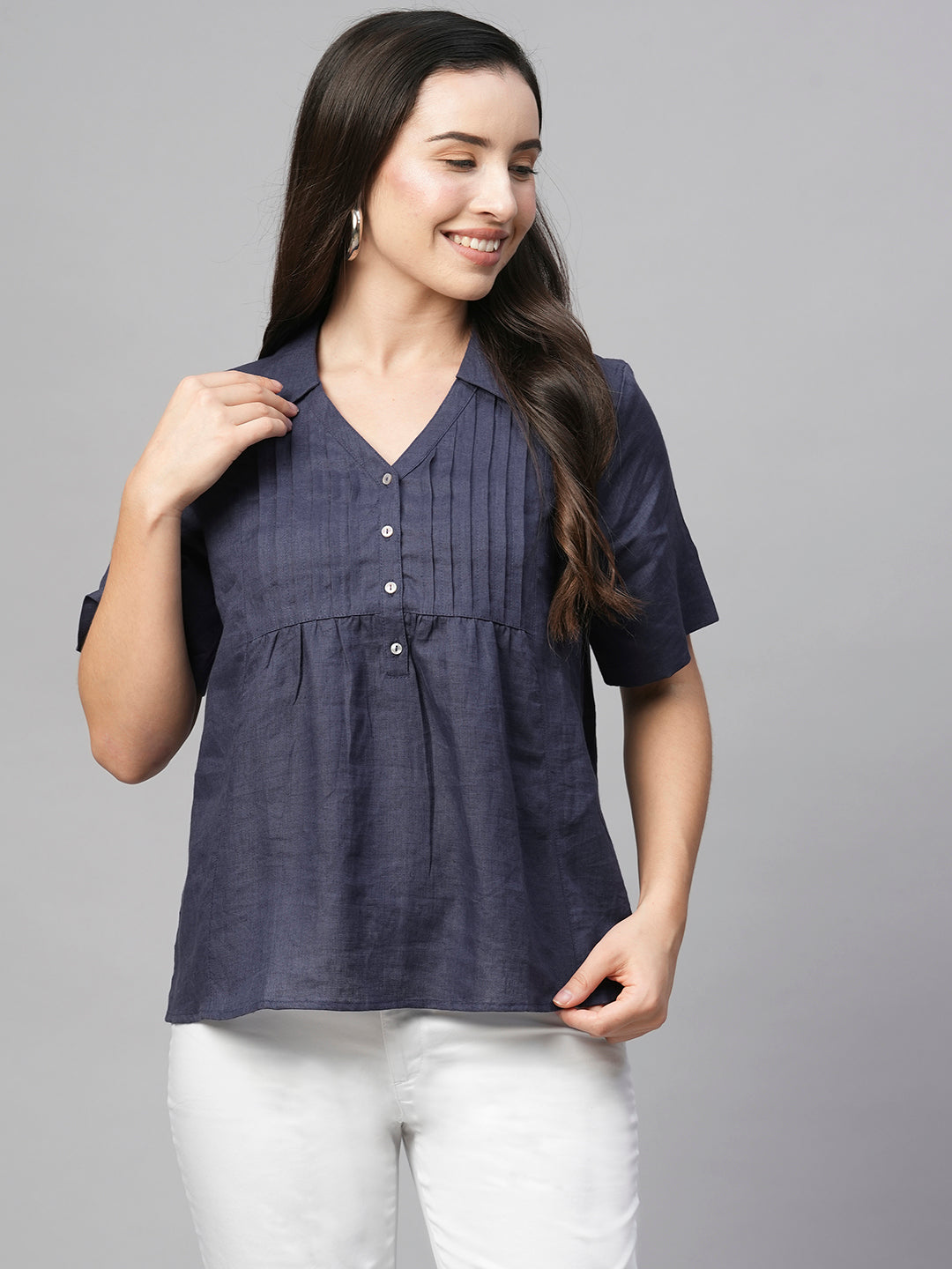 Women's Purple Linen Regular Fit Blouse