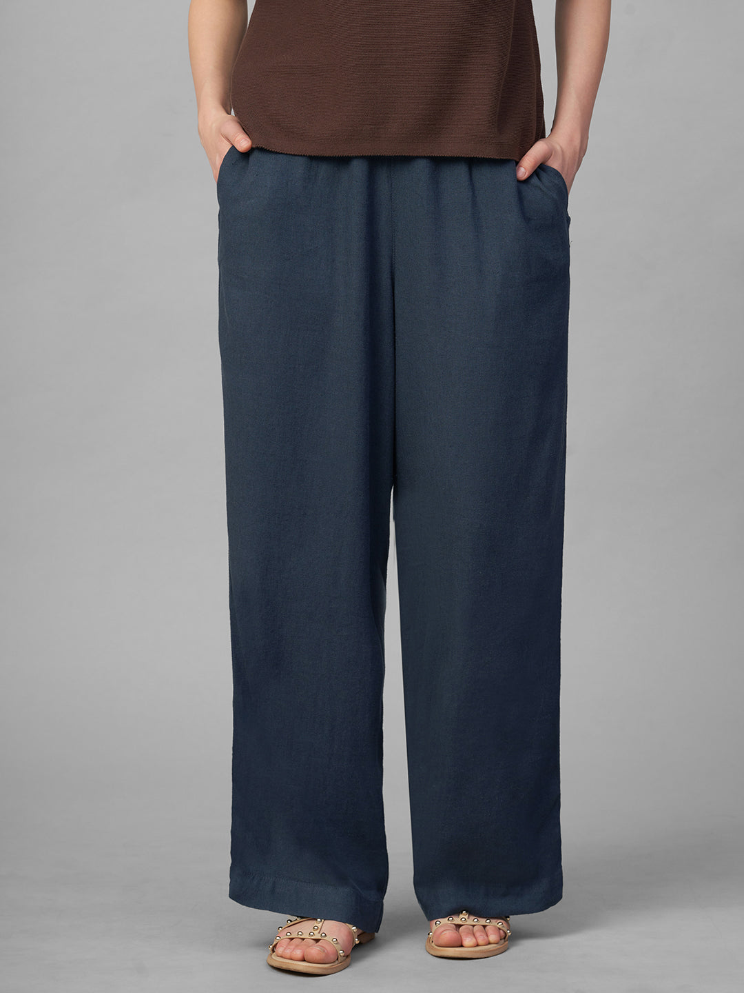 Women's Grey Linen Viscose Regular Fit Pant
