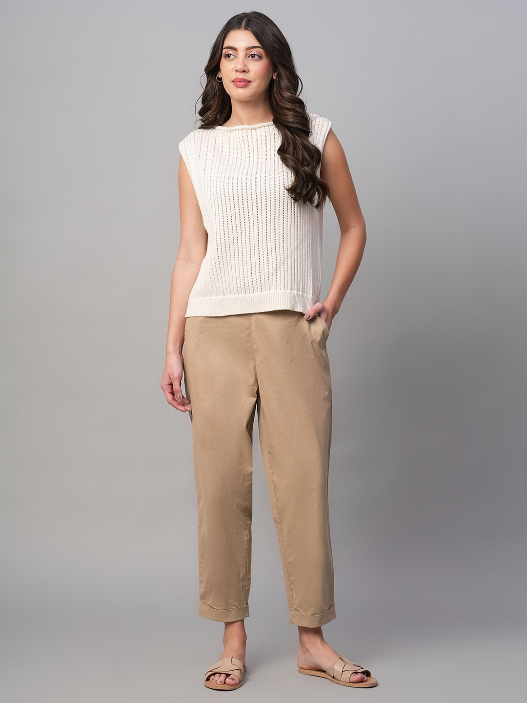 Women's Khaki Cotton Lycra Regular Fit Pant