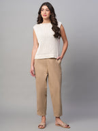 Women's Khaki Cotton Lycra Regular Fit Pant