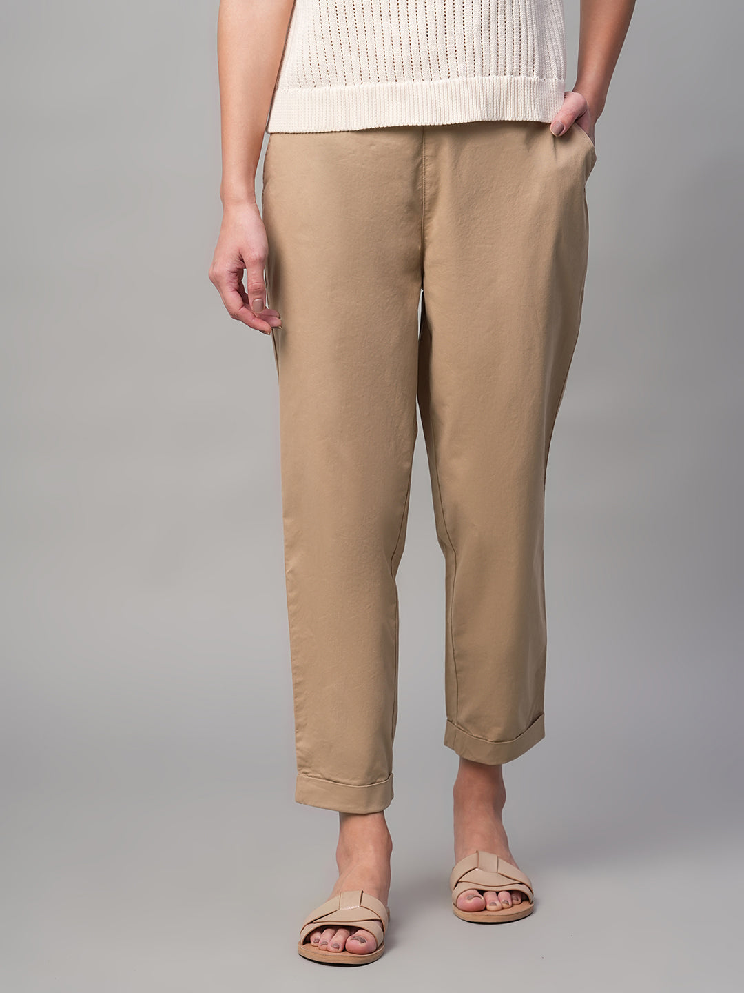 Women's Khaki Cotton Lycra Regular Fit Pant