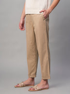 Women's Khaki Cotton Lycra Regular Fit Pant
