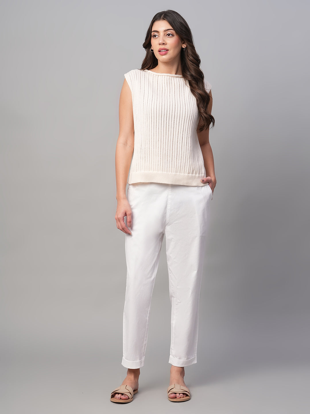 Women's White Cotton Lycra Regular Fit Pant