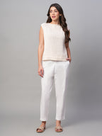 Women's White Cotton Lycra Regular Fit Pant