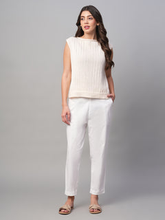 Women’s Cotton Lycra Regular Fit Elastic Waist Pant White