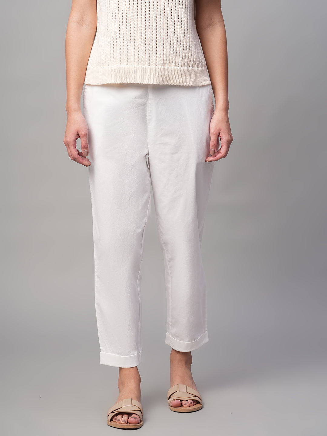 Women's White Cotton Lycra Regular Fit Pant