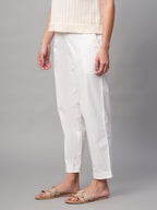 Women's White Cotton Lycra Regular Fit Pant