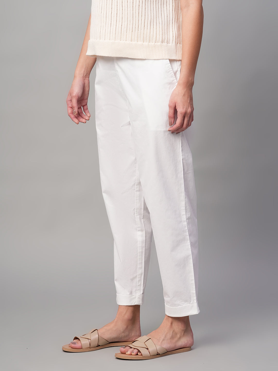 Women's White Cotton Lycra Regular Fit Pant