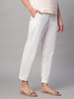 Women’s Cotton Lycra Regular Fit Elastic Waist Pant White