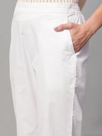 Women's White Cotton Lycra Regular Fit Pant