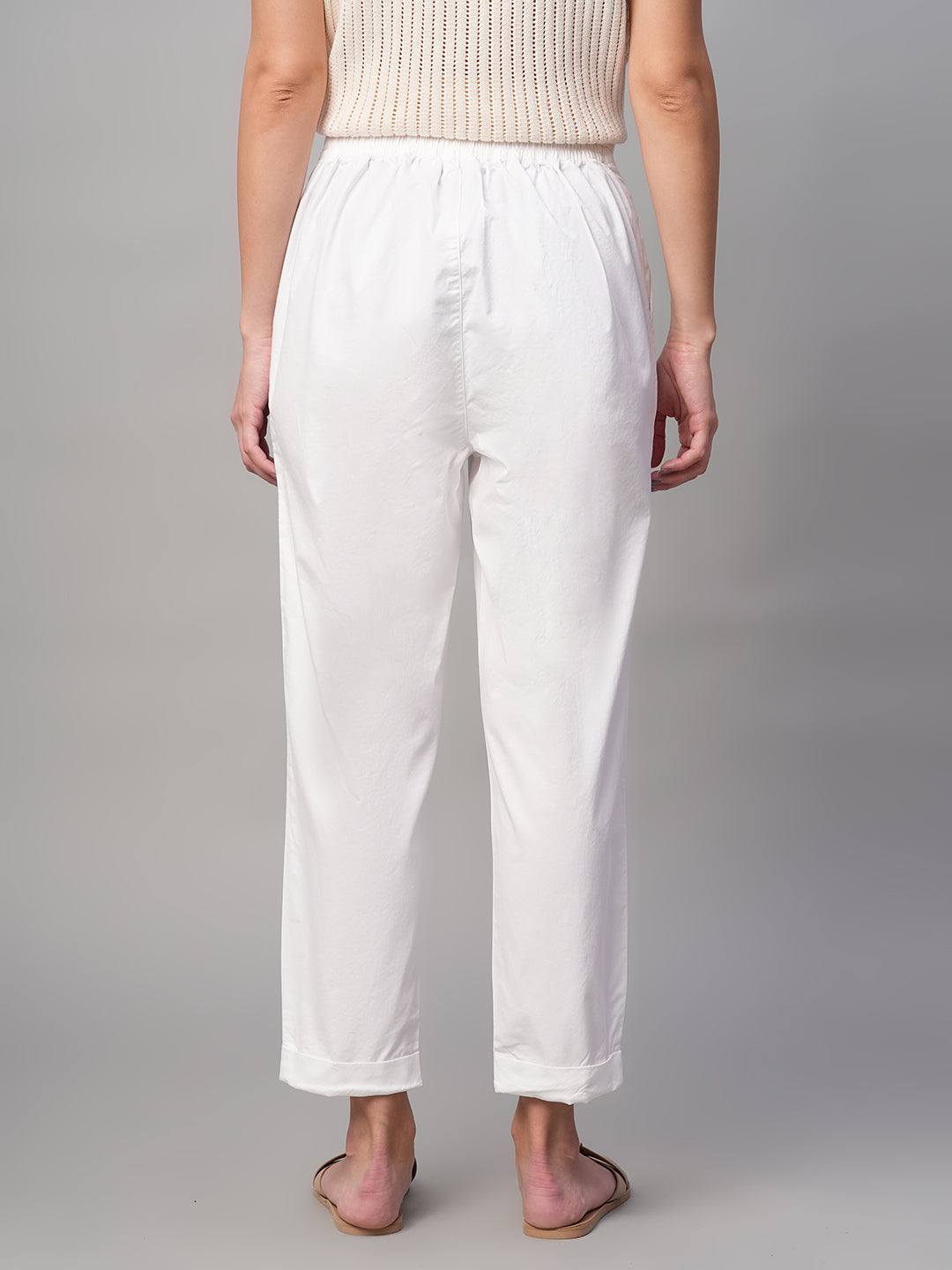 Women's White Cotton Lycra Regular Fit Pant
