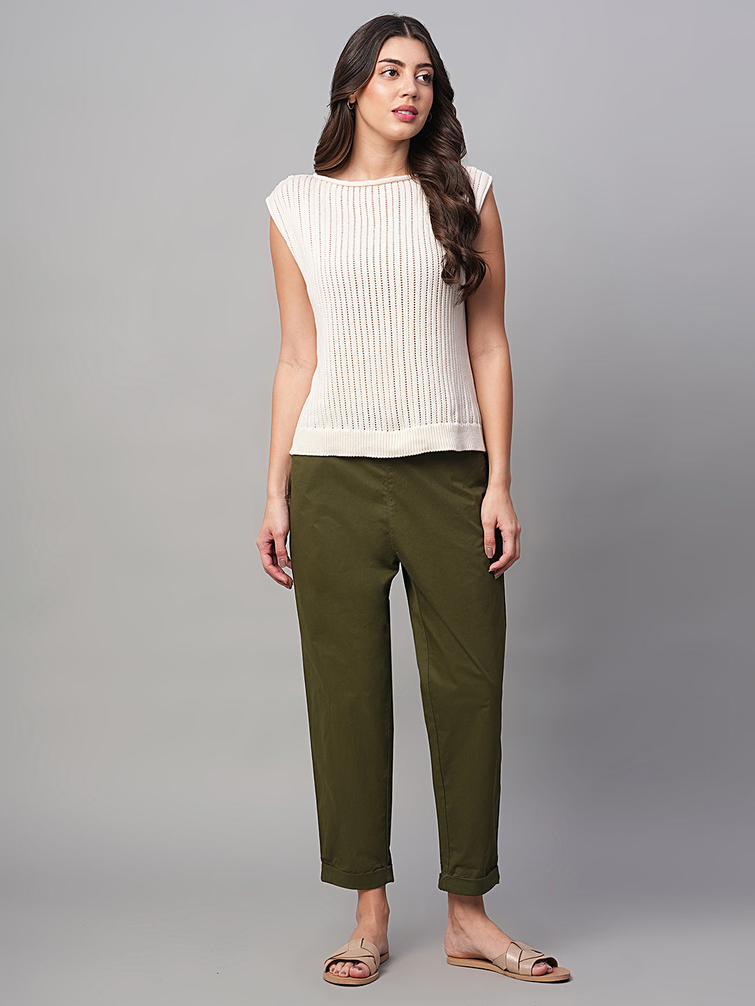 Women's Olive Cotton Lycra Regular Fit Pant