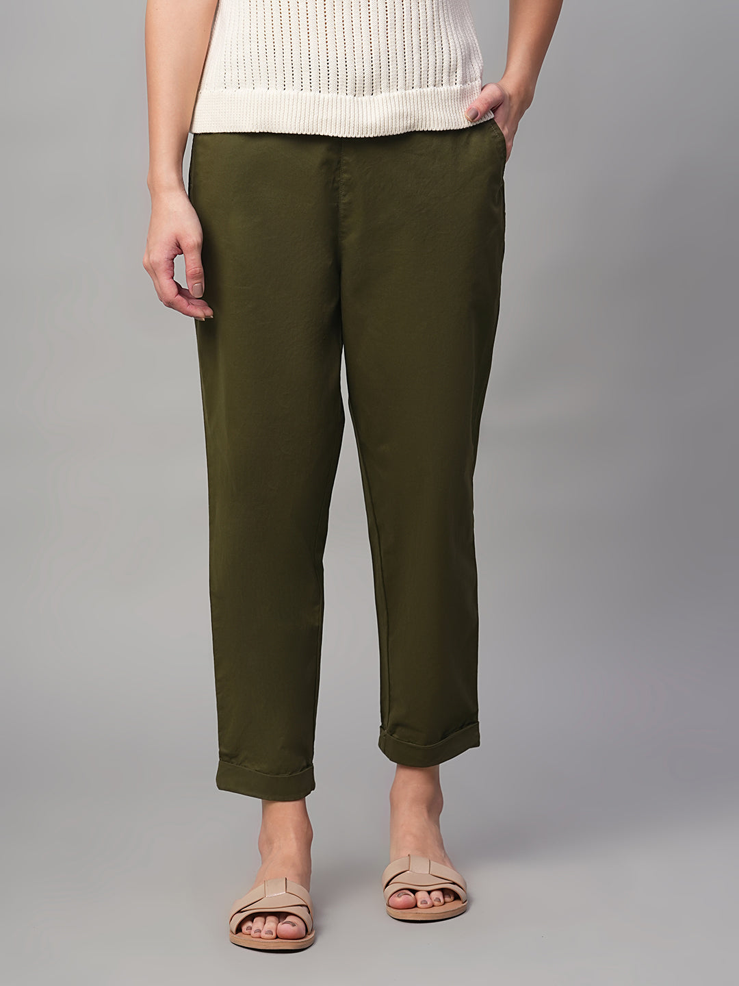 Women's Olive Cotton Lycra Regular Fit Pant