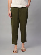 Women's Olive Cotton Lycra Regular Fit Pant