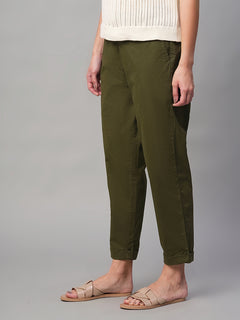 Women’s Cotton Lycra Regular Fit Elastic Waist Pant Olive