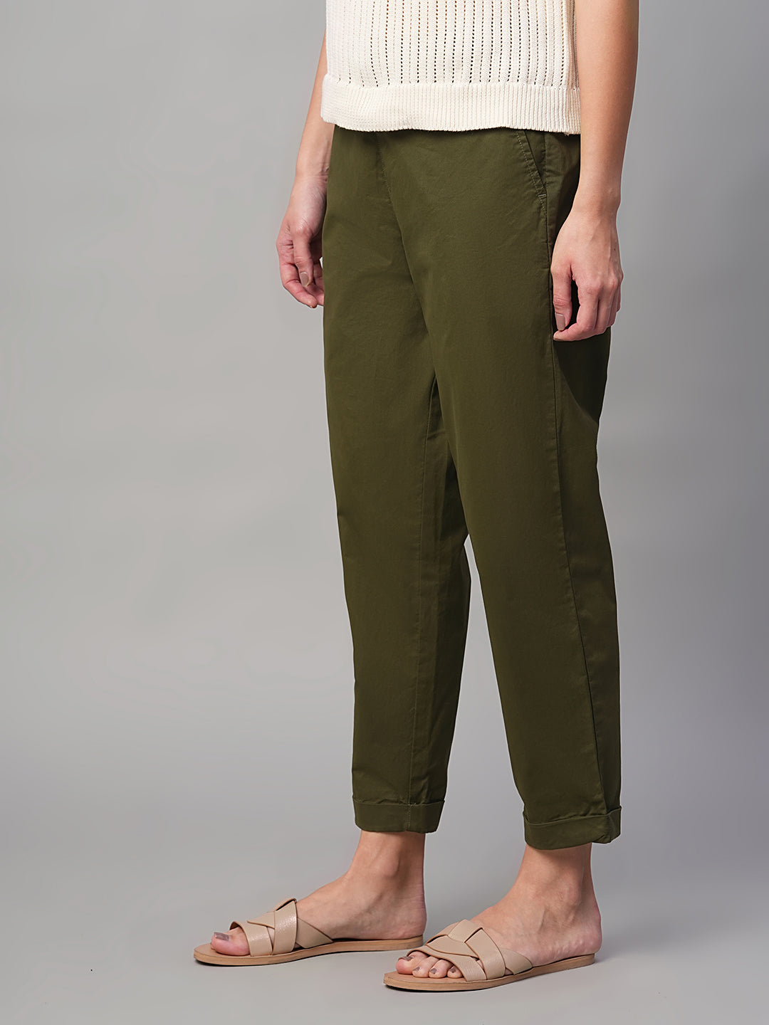 Women's Olive Cotton Lycra Regular Fit Pant