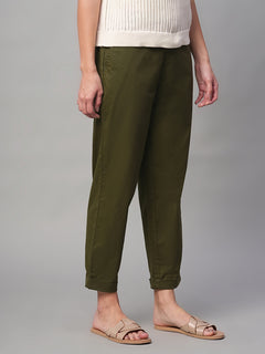 Women’s Cotton Lycra Regular Fit Elastic Waist Pant Olive