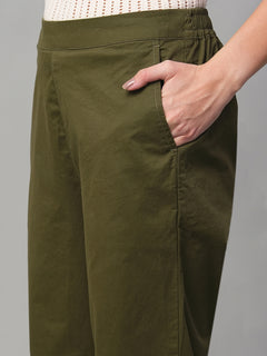 Women’s Cotton Lycra Regular Fit Elastic Waist Pant Olive
