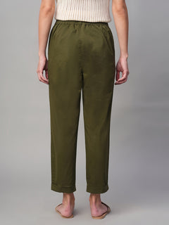 Women’s Cotton Lycra Regular Fit Elastic Waist Pant Olive
