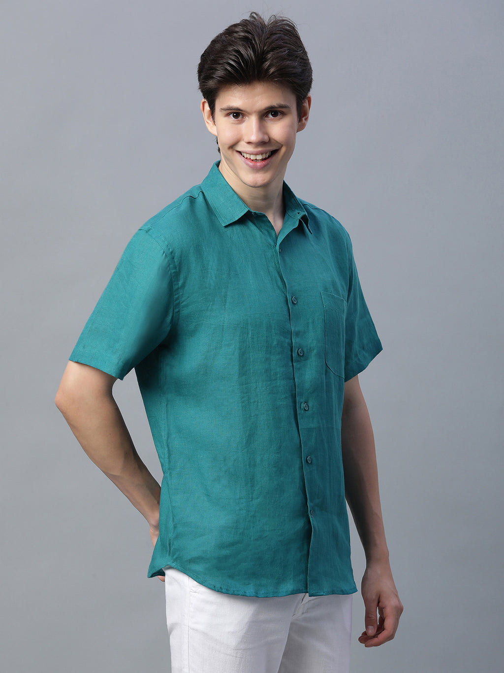 Men's Green 100% Linen Regular Fit Shirt