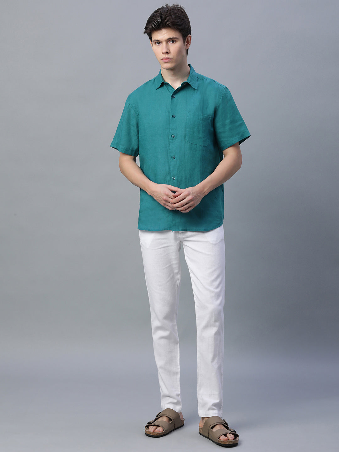 Men's Green 100% Linen Regular Fit Shirt