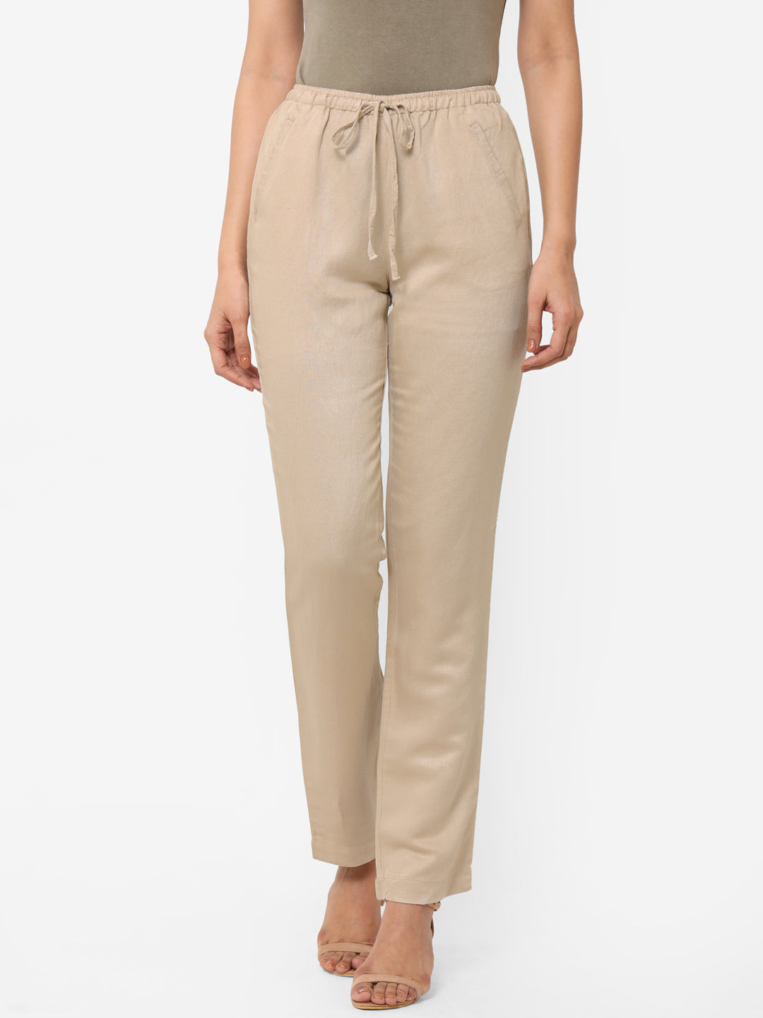 Women's Khaki Linen Regular Fit Pant