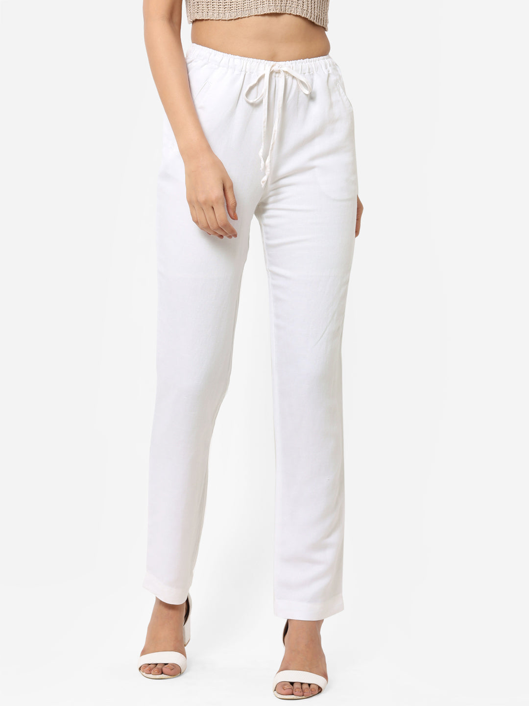 Women's White Linen Regular Fit Pant