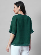 Women's Green 100% Linen Boxy Fit Blouse