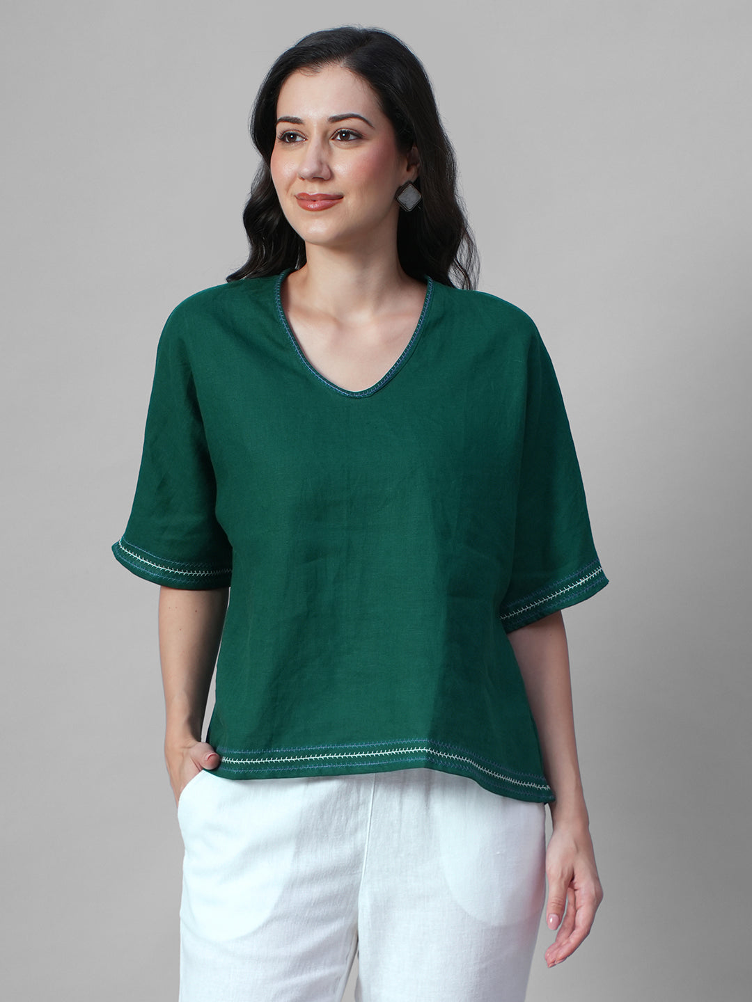 Women's Green 100% Linen Boxy Fit Blouse
