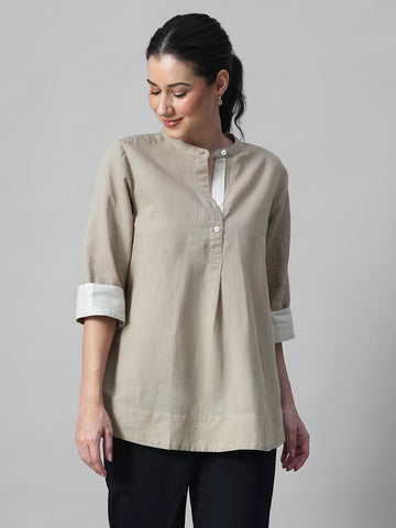 Women's Khaki Linen Cotton Regular Fit Blouse