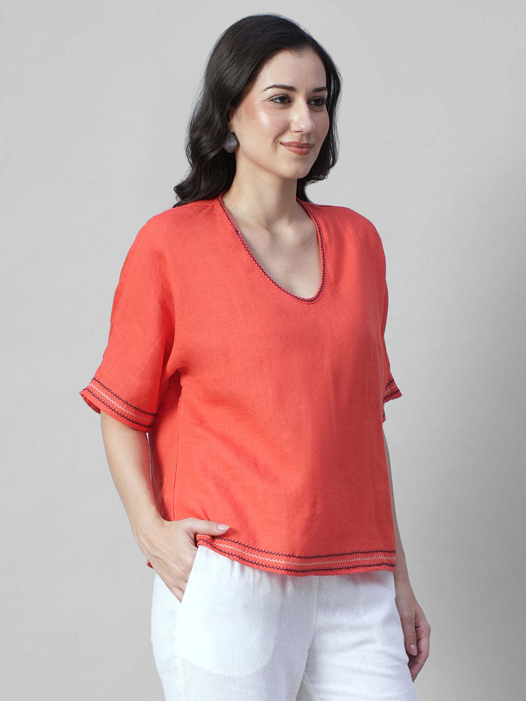 Women's Coral 100% Linen Boxy Fit Blouse