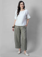 Women's Olive 100% Linen Regular Fit Pant