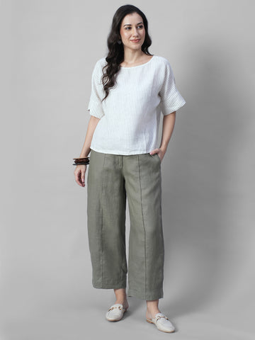 Women's Olive 100% Linen Regular Fit Pant