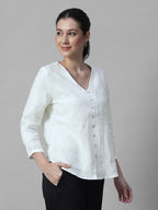 Women's White 100% Linen Regular Fit Blouse