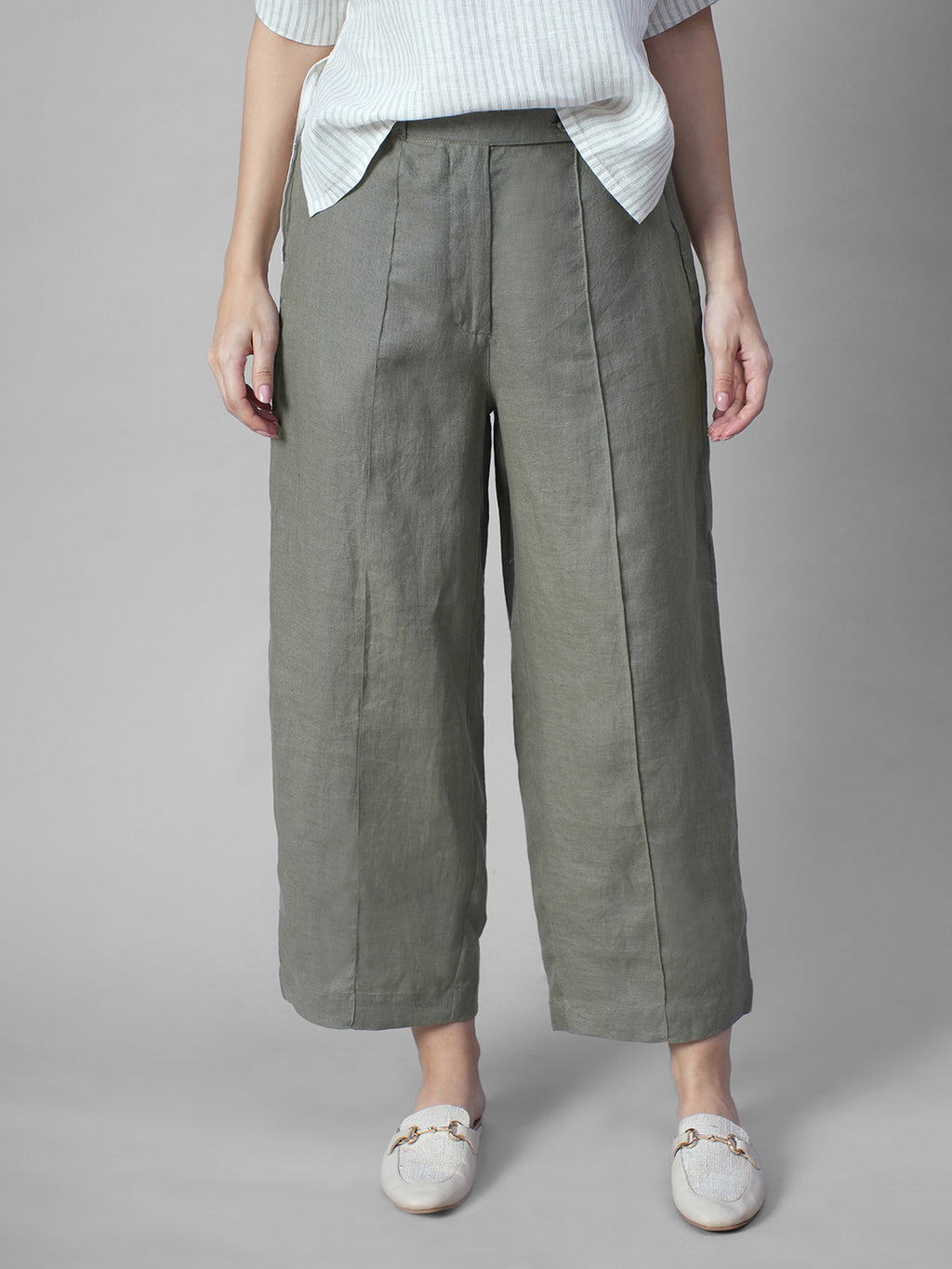 Women's Olive 100% Linen Regular Fit Pant