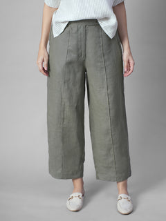 Women's Olive 100% Linen Regular Fit Pant