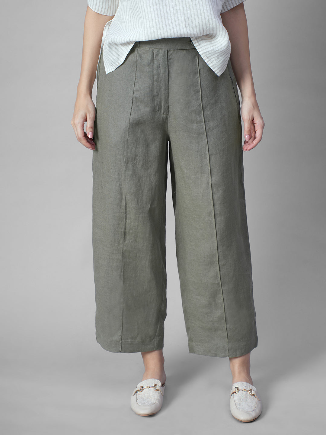 Women's Olive 100% Linen Regular Fit Pant