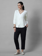 Women's White 100% Linen Regular Fit Blouse