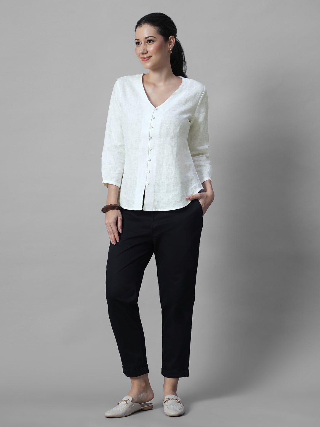 Women's White 100% Linen Regular Fit Blouse