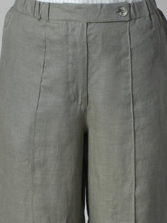 Women's Olive 100% Linen Regular Fit Pant