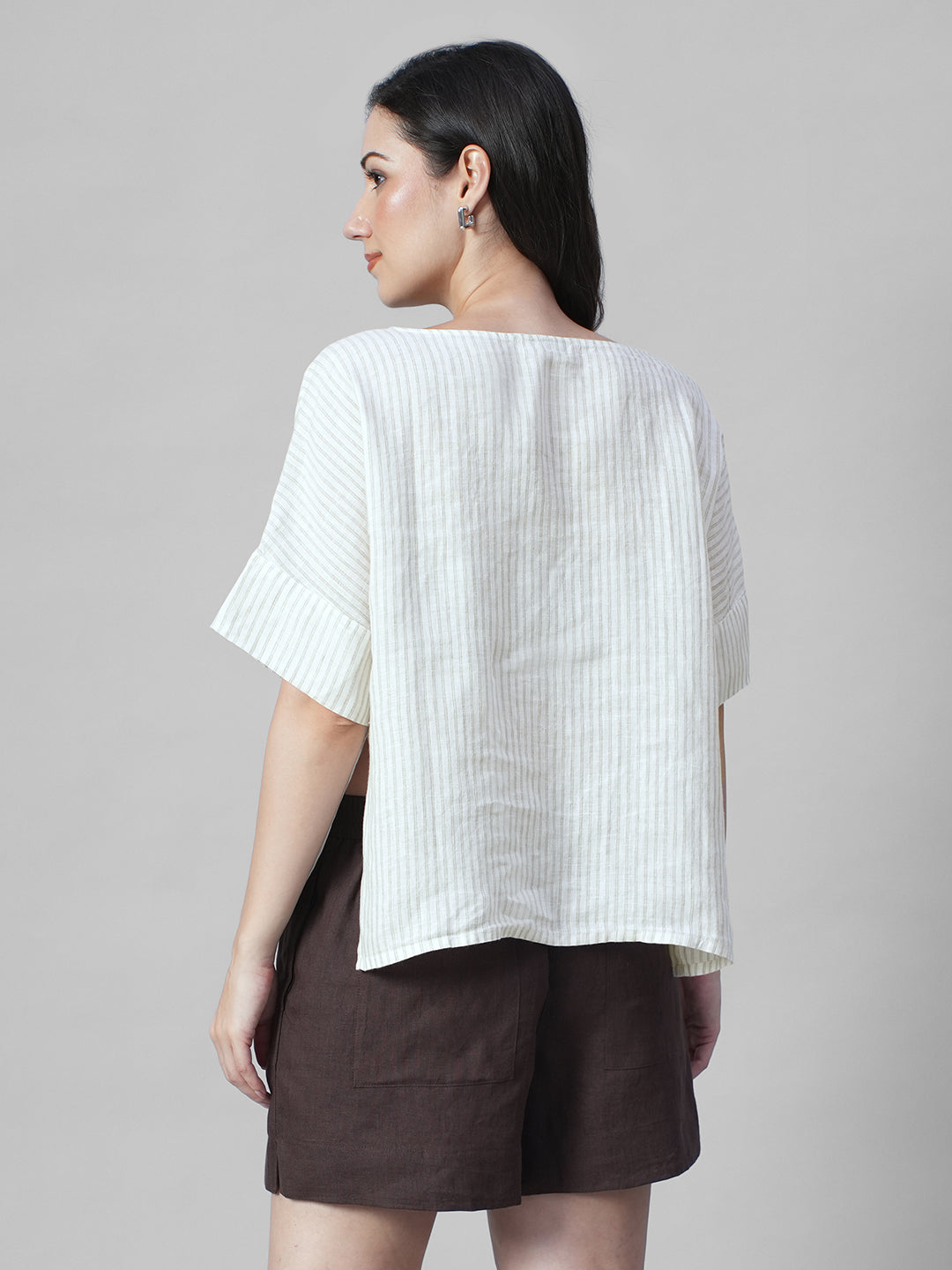 Women's Beige 100% Linen Boxy Fit Blouse