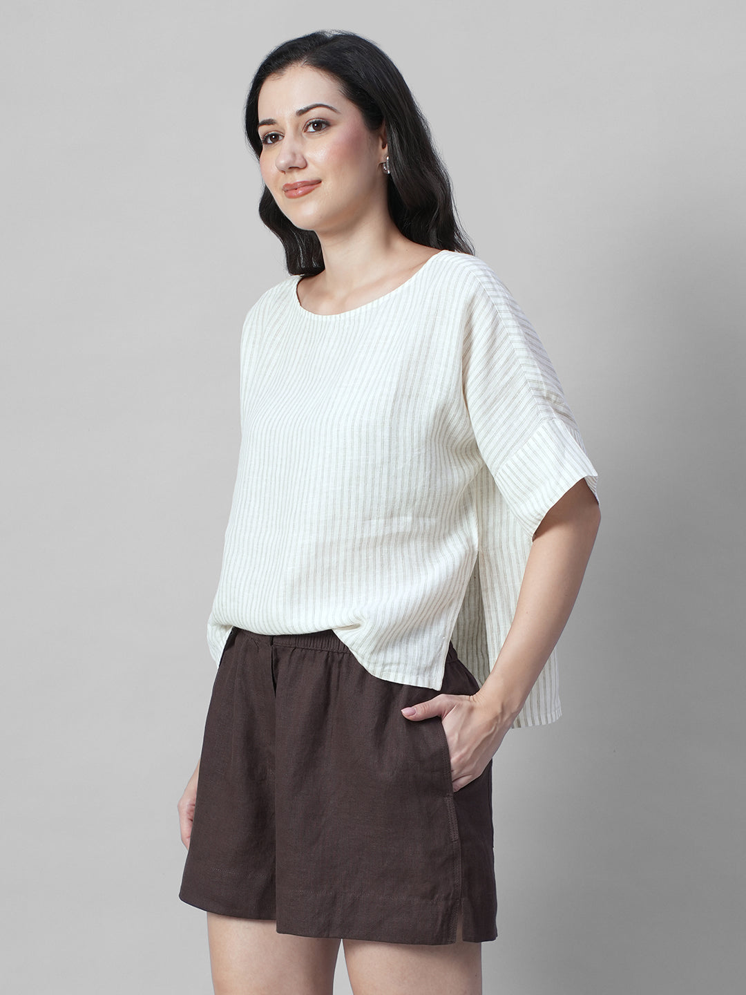 Women's Beige 100% Linen Boxy Fit Blouse