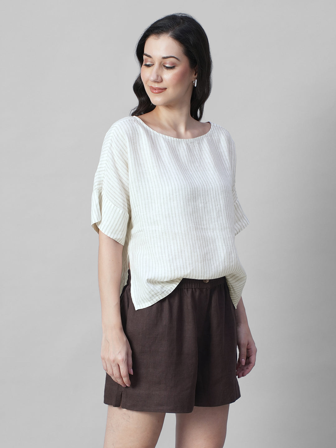 Women's Beige 100% Linen Boxy Fit Blouse